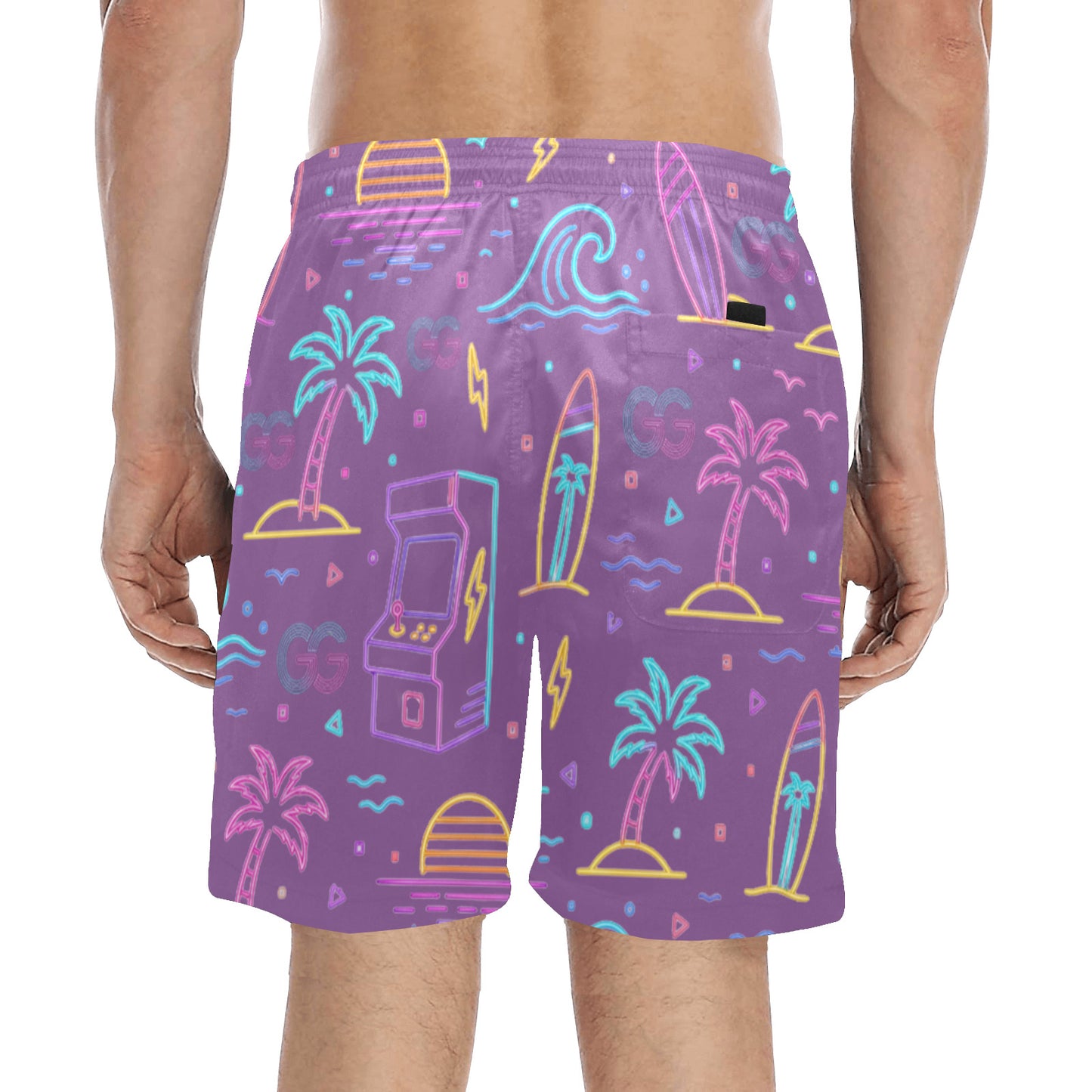 Retro Neon Arcade Gamer Beach Shorts For Men