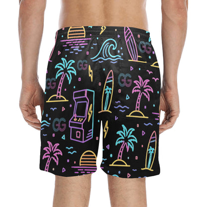 Retro Neon Arcade Gamer Beach Shorts For Men
