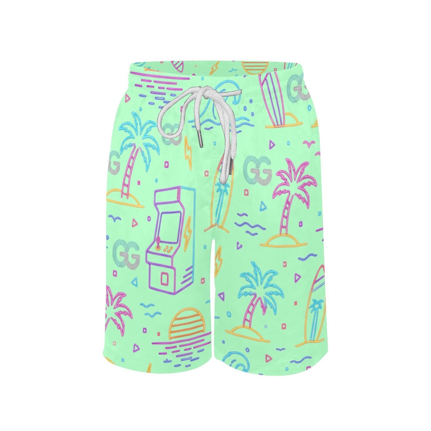 Neon Retro Arcade Gamer Beach Shorts For Boys