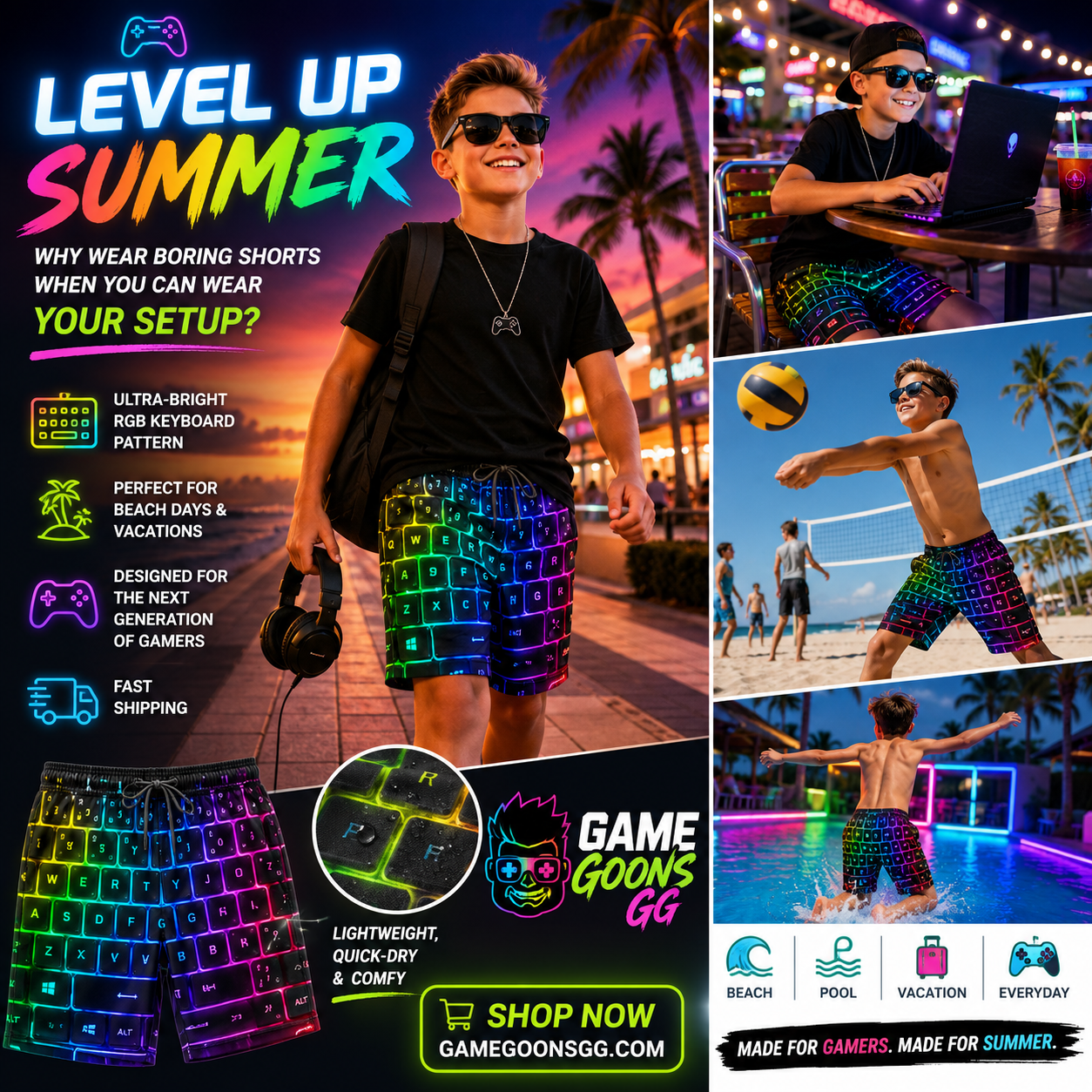 Neon RGB Keyboard PC Gamer Beach Shorts for Boys