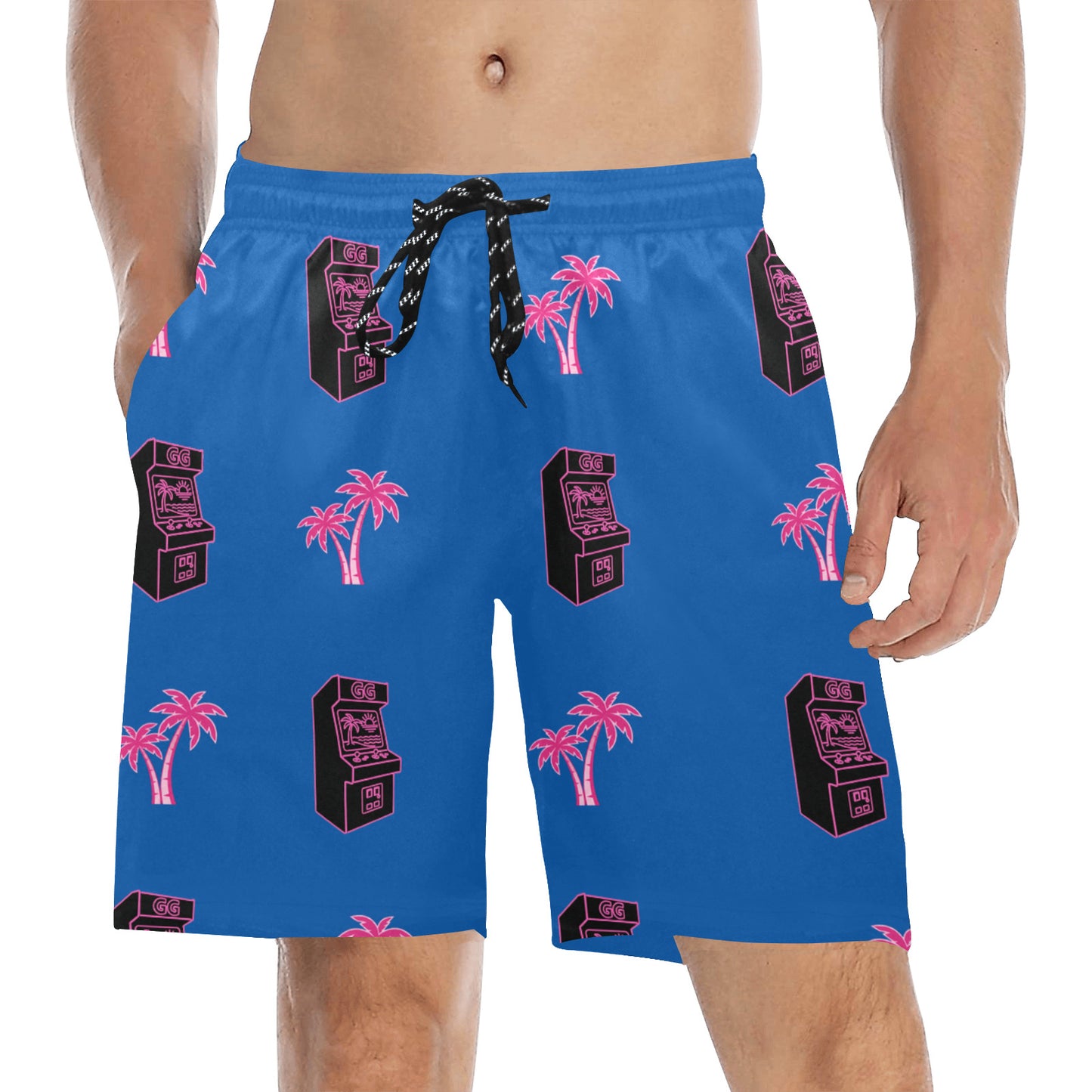 Retro Neon Pink Palm Tree Arcade Beach Shorts for Men