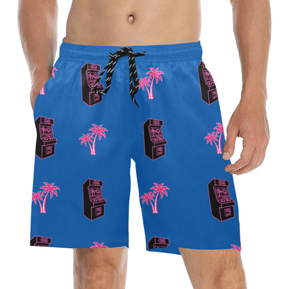 Retro Neon Pink Palm Tree Arcade Beach Shorts for Men