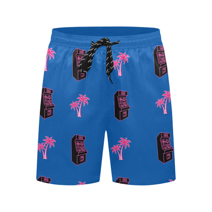 Retro Neon Pink Palm Tree Arcade Beach Shorts for Men