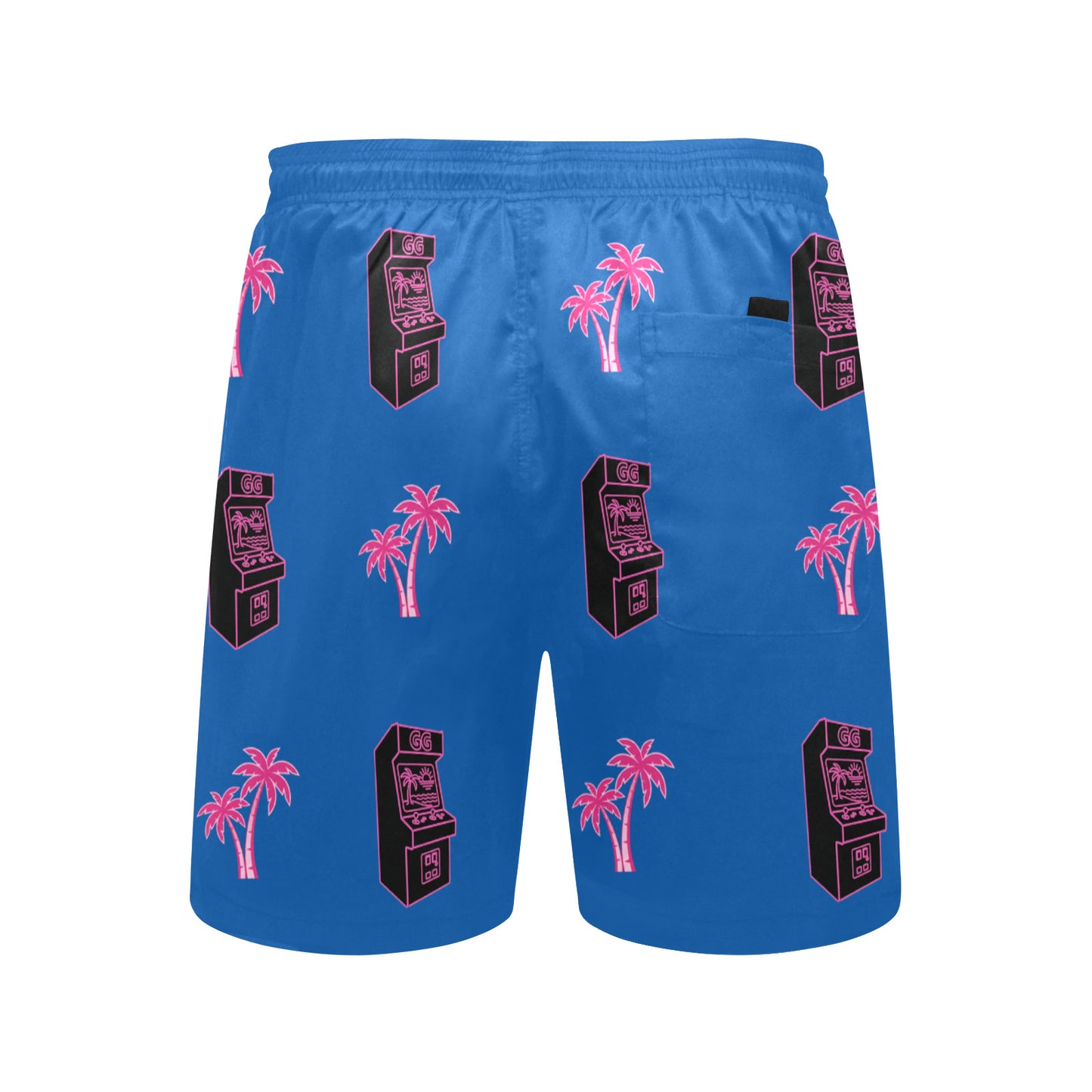 Retro Neon Pink Palm Tree Arcade Beach Shorts for Men