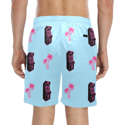 Retro Neon Pink Palm Tree Arcade Beach Shorts for Men
