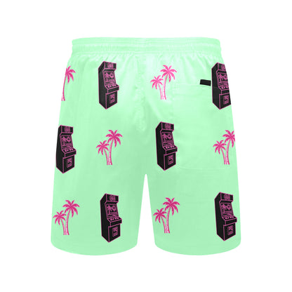 Retro Neon Pink Palm Tree Arcade Beach Shorts for Men
