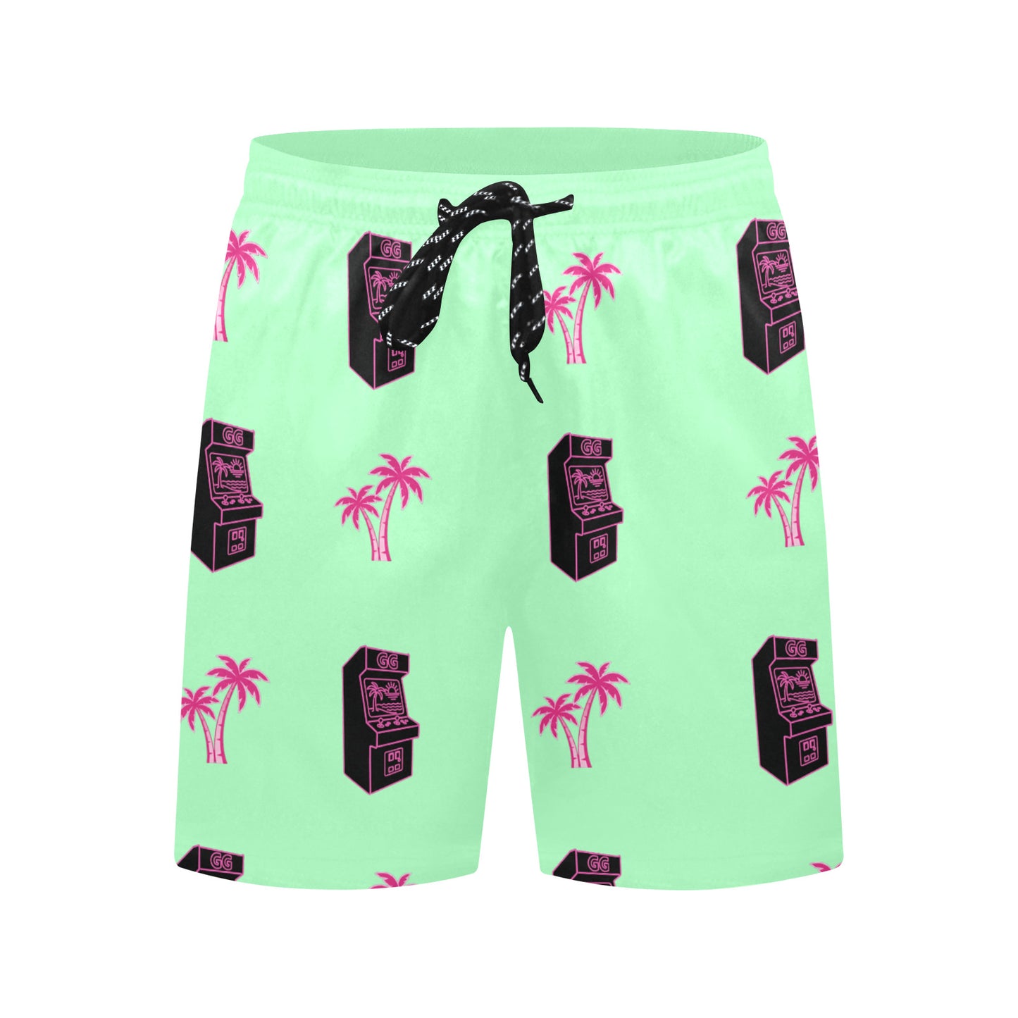 Retro Neon Pink Palm Tree Arcade Beach Shorts for Men