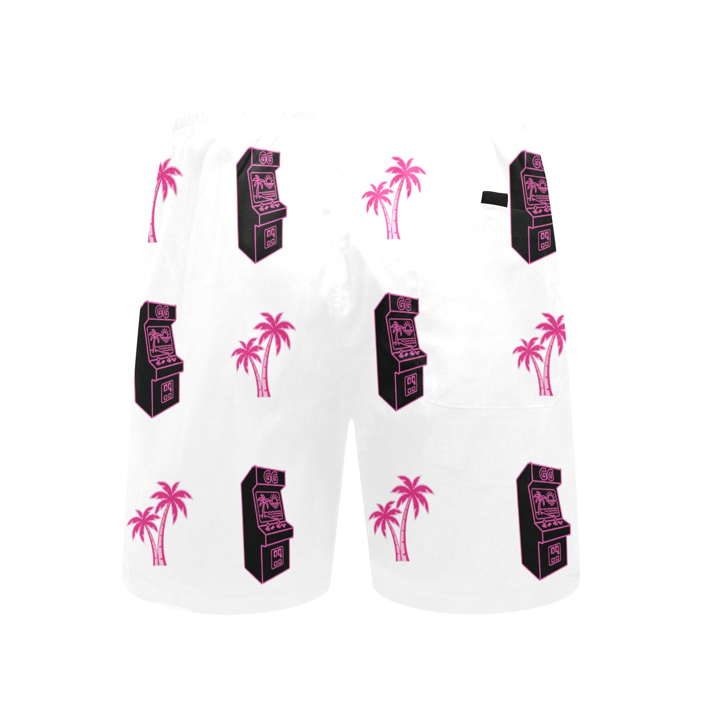Retro Neon Pink Palm Tree Arcade Beach Shorts for Men