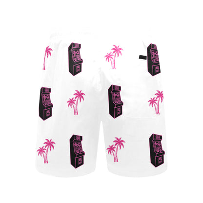 Retro Neon Pink Palm Tree Arcade Beach Shorts for Men