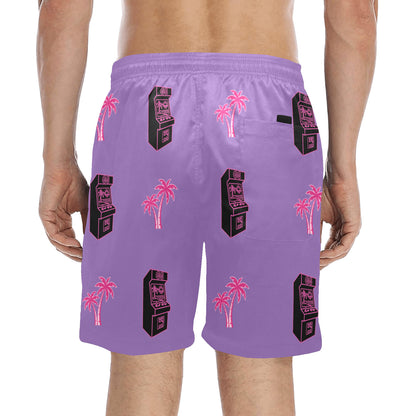 Retro Neon Pink Palm Tree Arcade Beach Shorts for Men