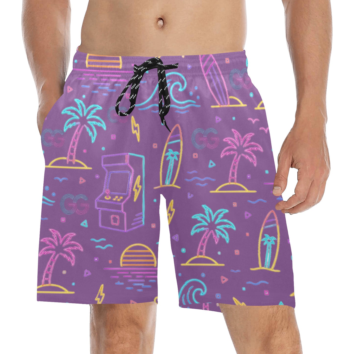 Retro Neon Arcade Gamer Beach Shorts For Men