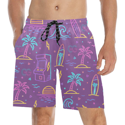 Retro Neon Arcade Gamer Beach Shorts For Men
