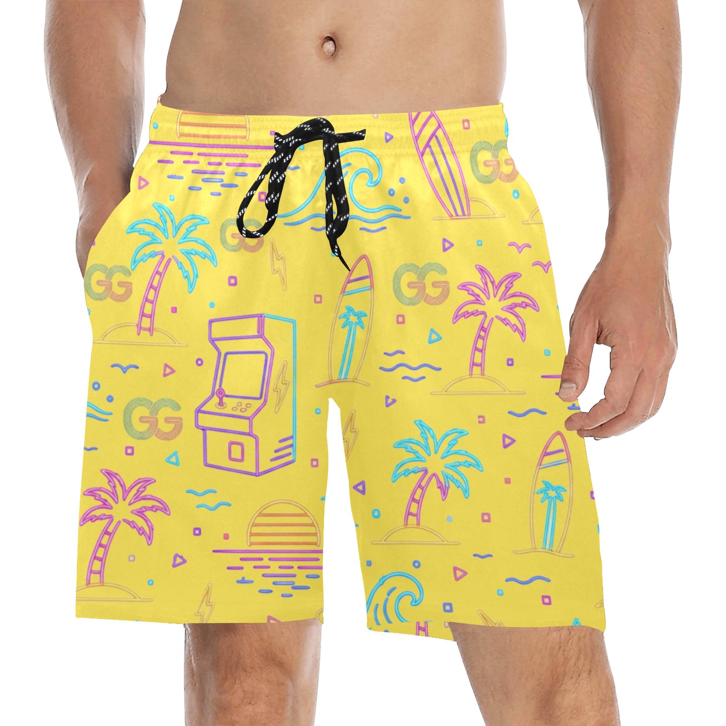 Retro Neon Arcade Gamer Beach Shorts For Men