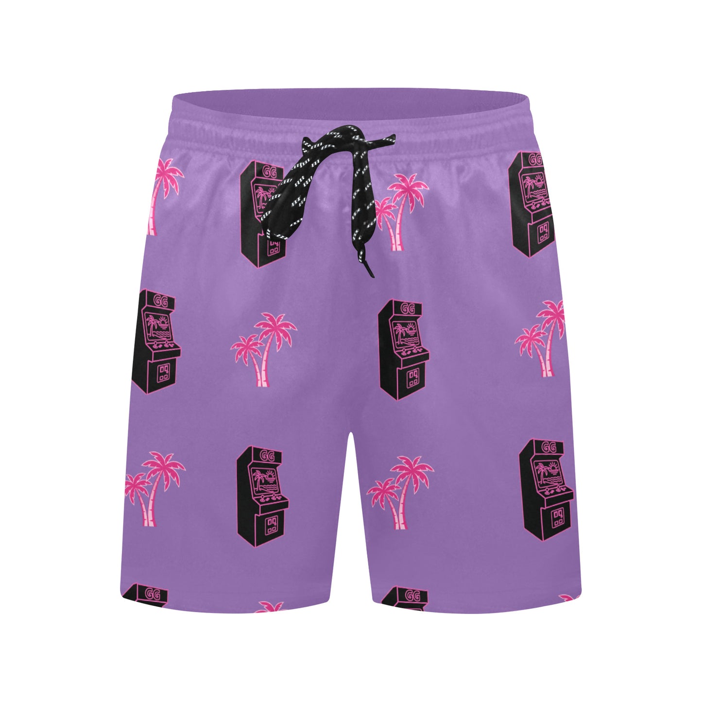 Retro Neon Pink Palm Tree Arcade Beach Shorts for Men