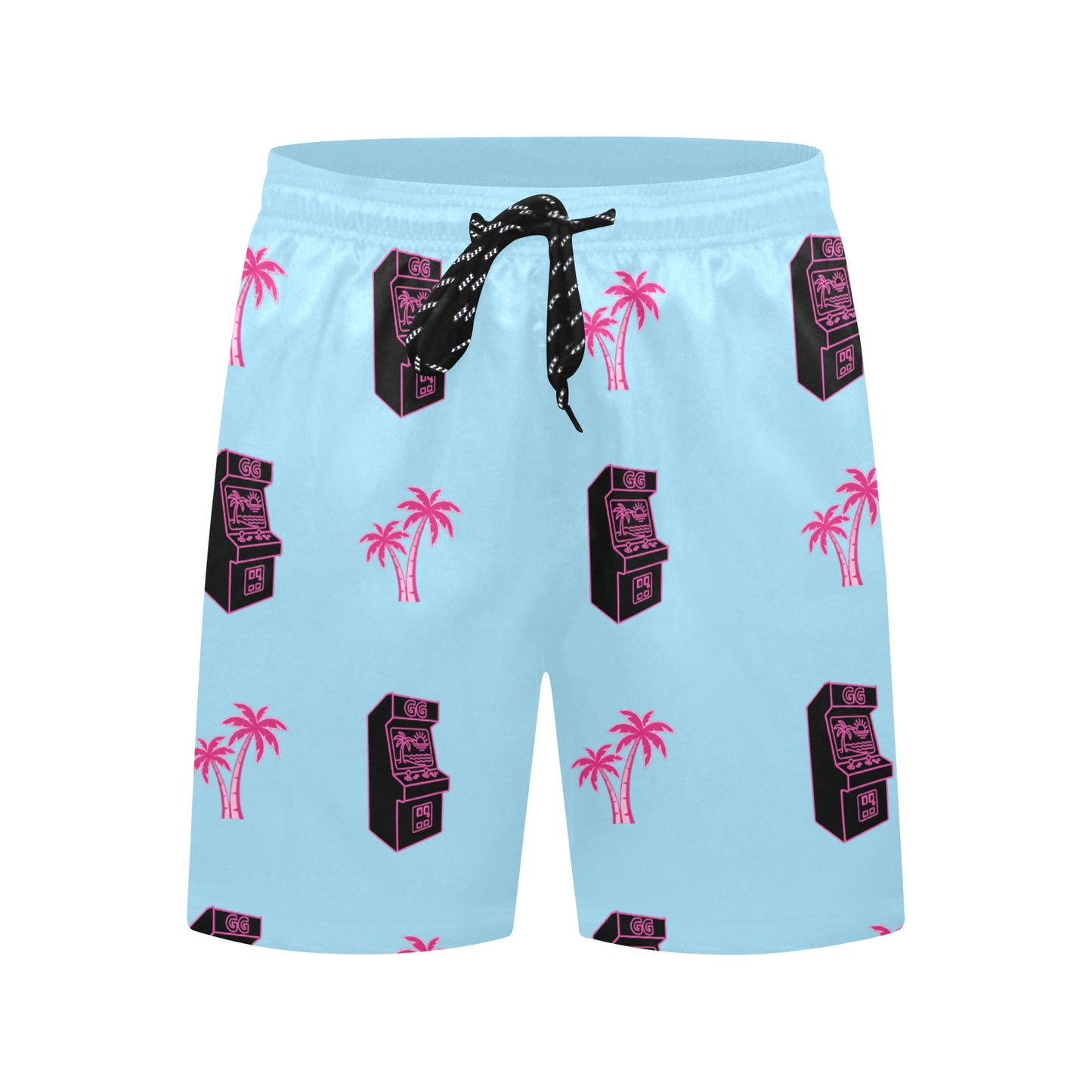 Retro Neon Pink Palm Tree Arcade Beach Shorts for Men