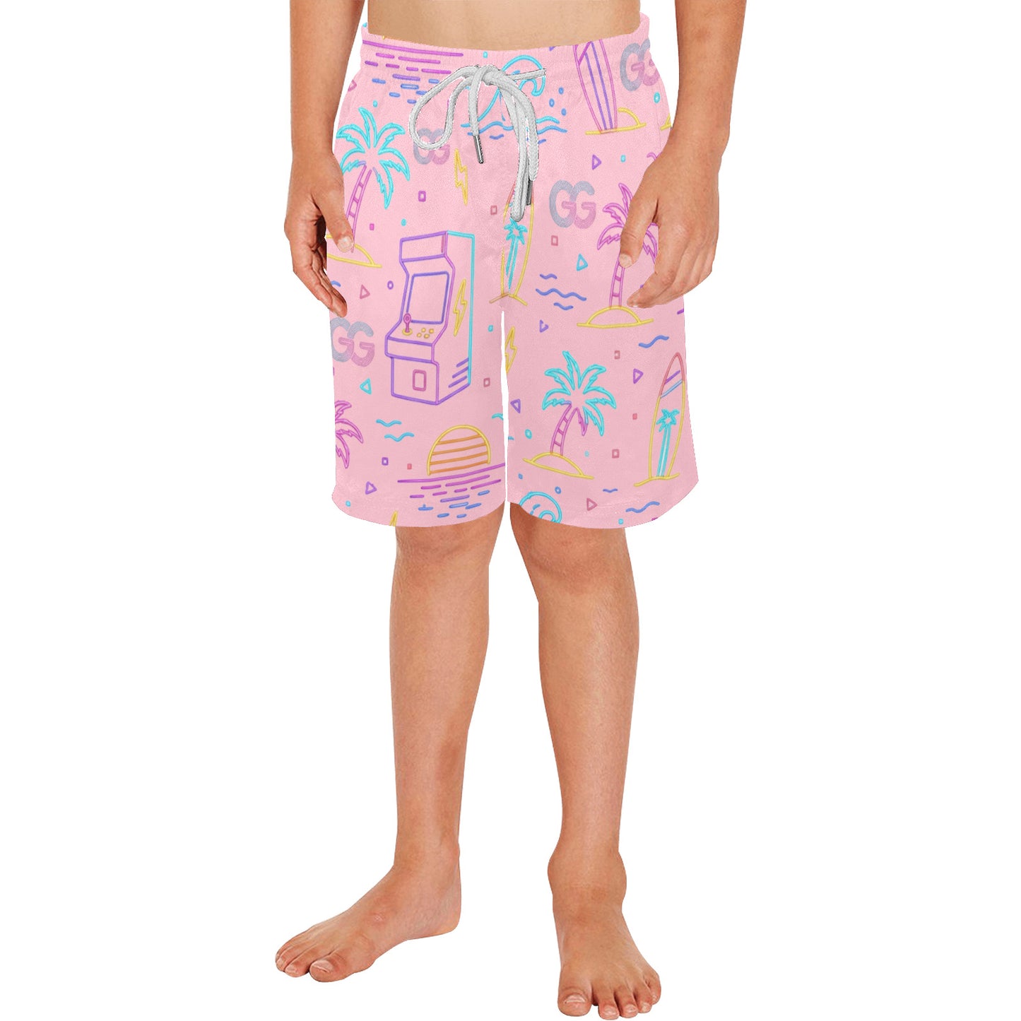 Neon Retro Arcade Gamer Beach Shorts For Boys