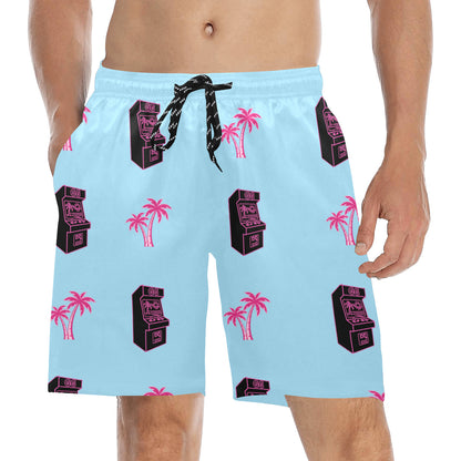 Retro Neon Pink Palm Tree Arcade Beach Shorts for Men
