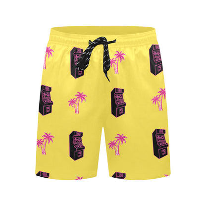 Retro Neon Pink Palm Tree Arcade Beach Shorts for Men