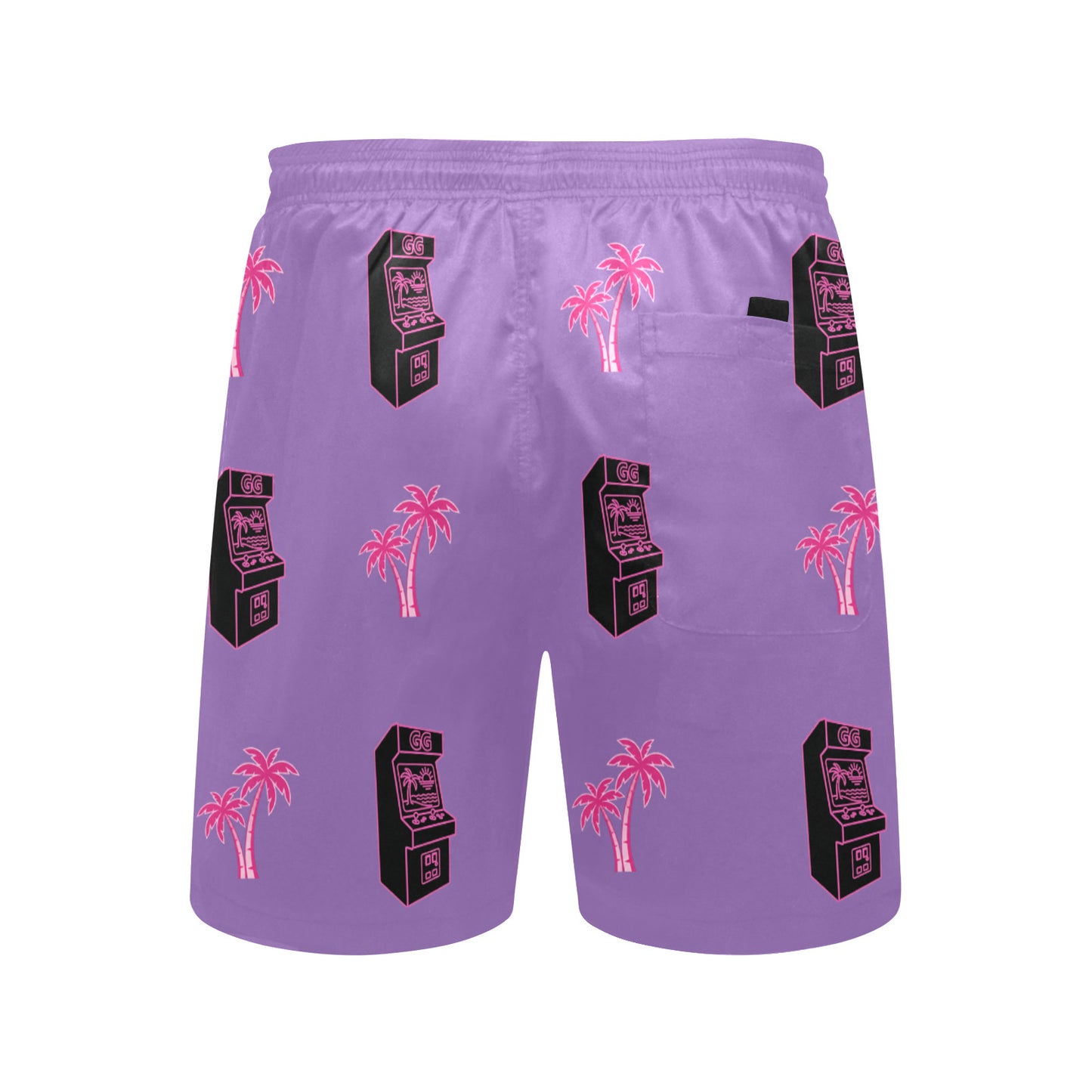 Retro Neon Pink Palm Tree Arcade Beach Shorts for Men