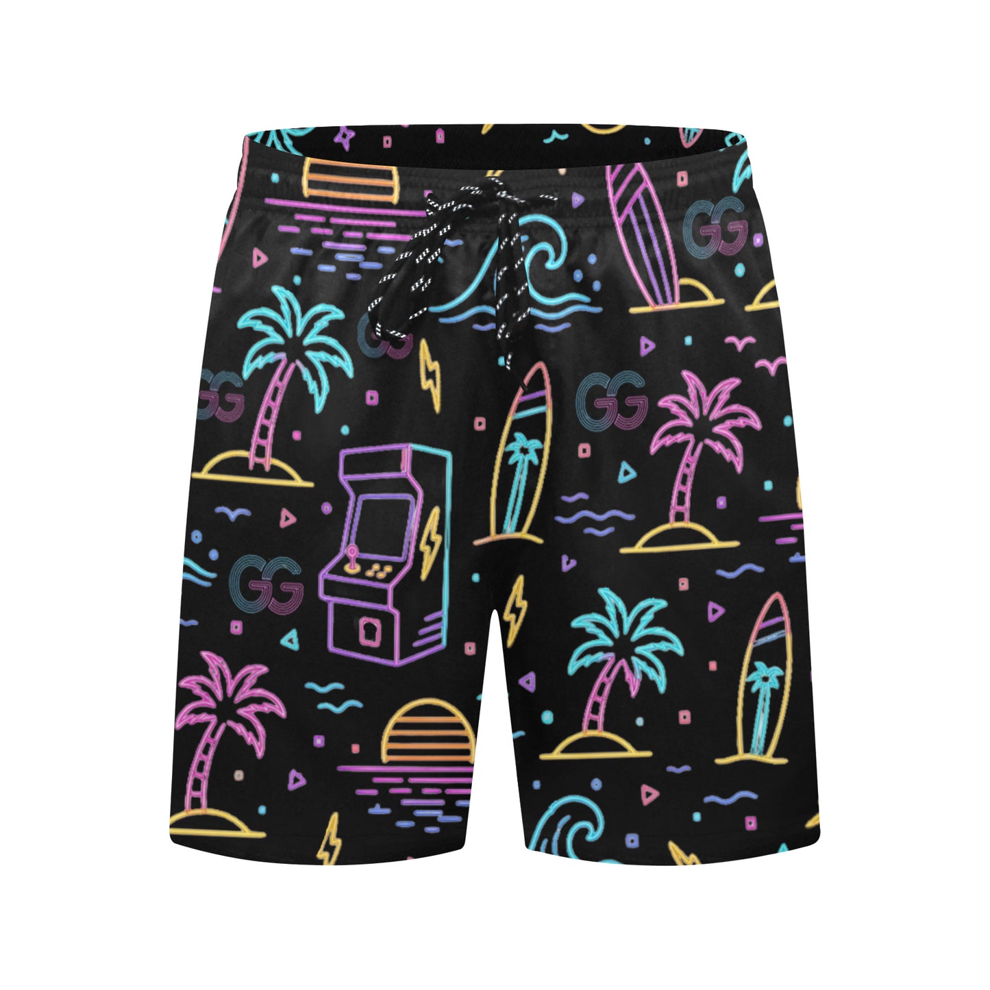 Retro Neon Arcade Gamer Beach Shorts For Men