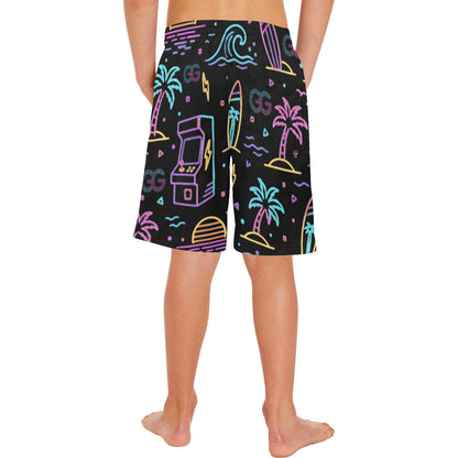 Neon Retro Arcade Gamer Beach Shorts For Boys