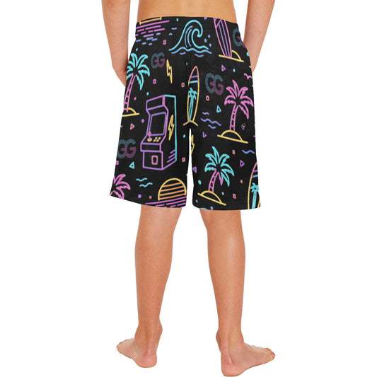 Neon Retro Arcade Gamer Beach Shorts For Boys
