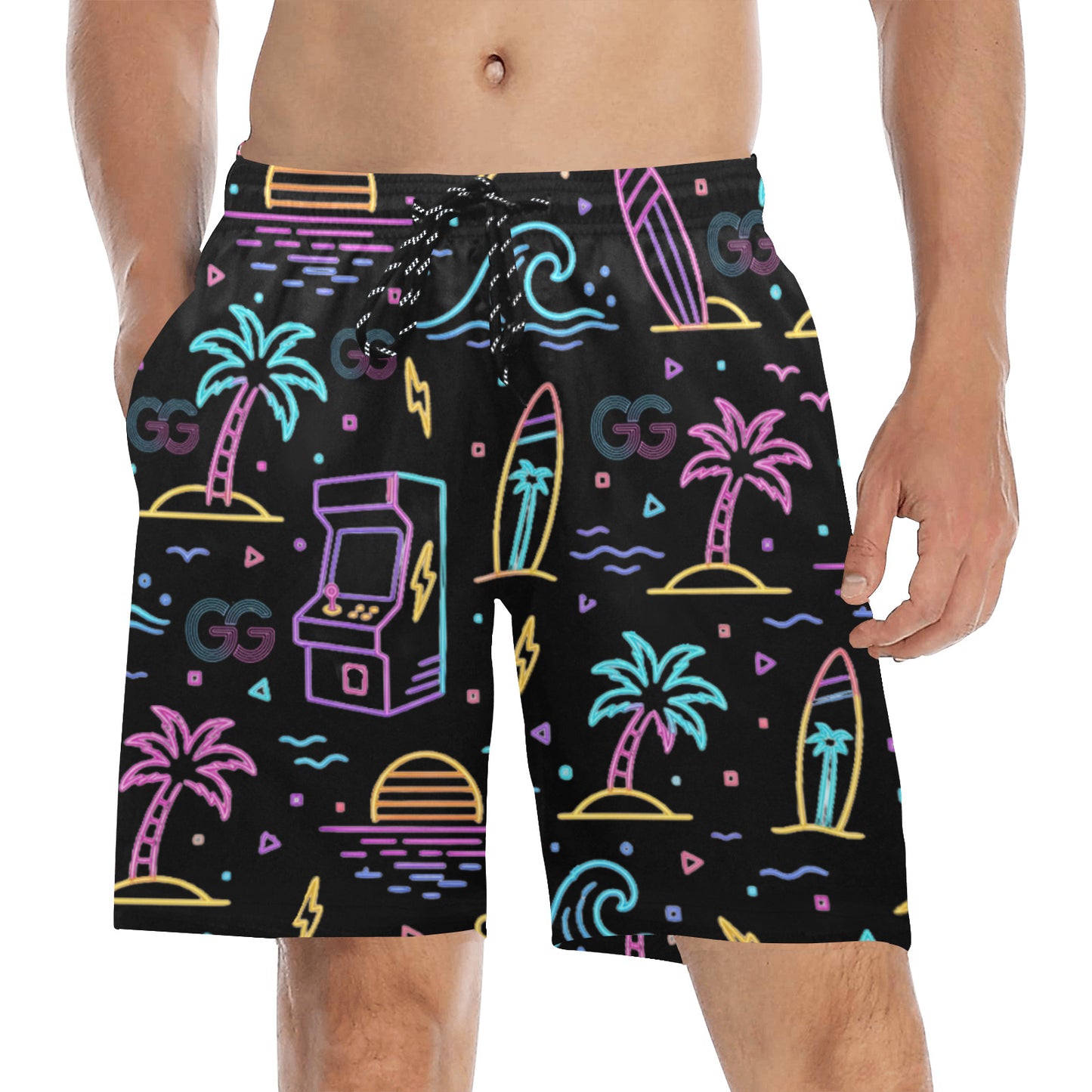 Retro Neon Arcade Gamer Beach Shorts For Men