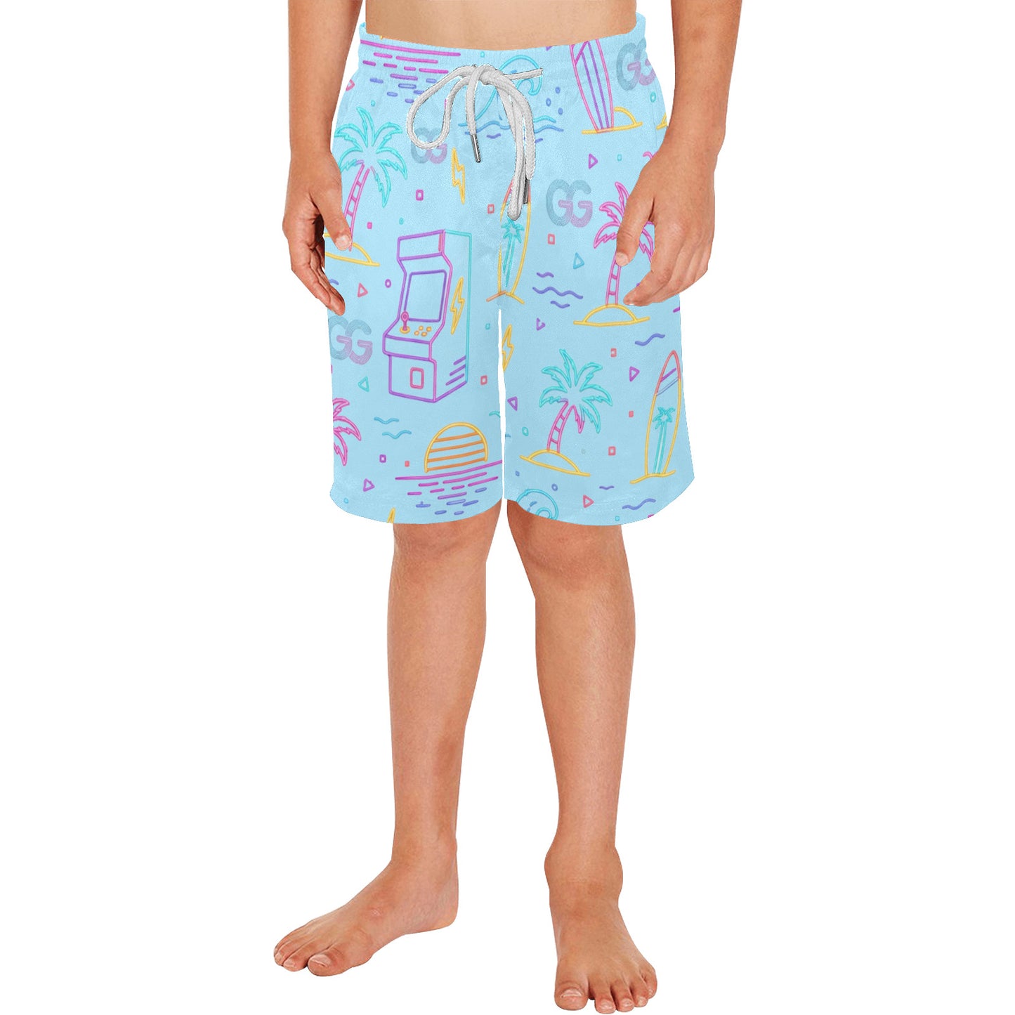 Neon Retro Arcade Gamer Beach Shorts For Boys