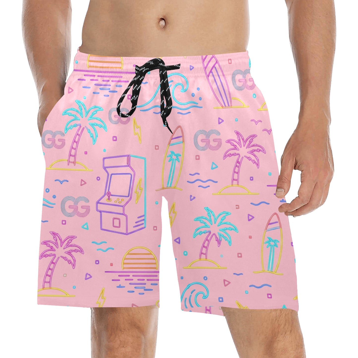 Retro Neon Arcade Gamer Beach Shorts For Men
